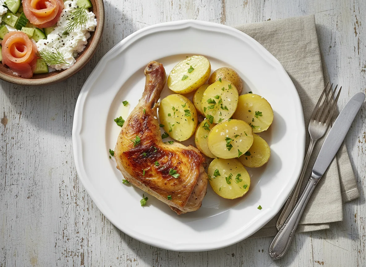 Muslo de pollo con patatas hervidas y aperitivo de pepino, requesón y salmón photo