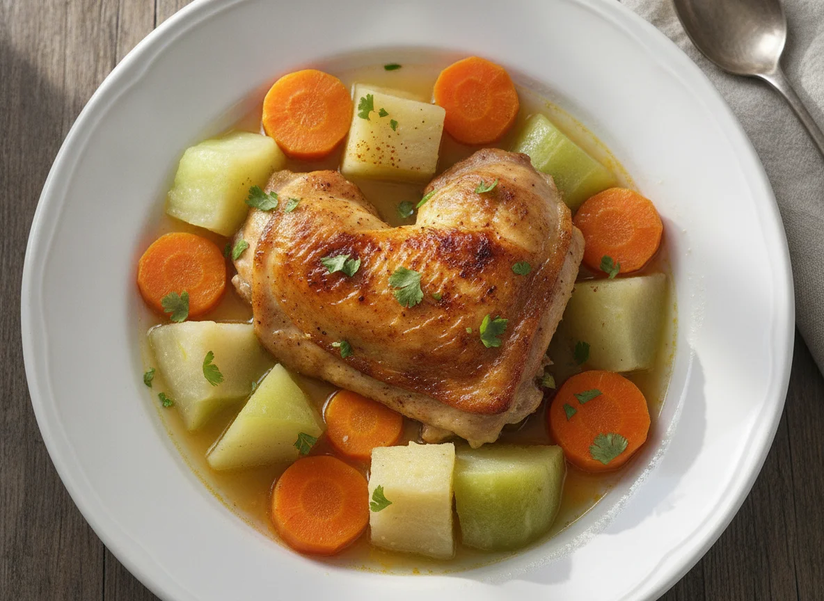 Muslo de pollo con vegetales y yuca photo