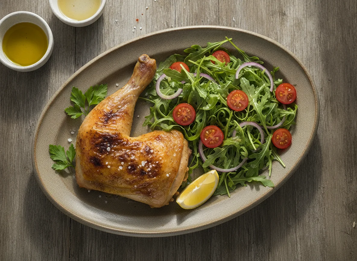 Muslo y pata de pollo con ensalada de rúcula photo