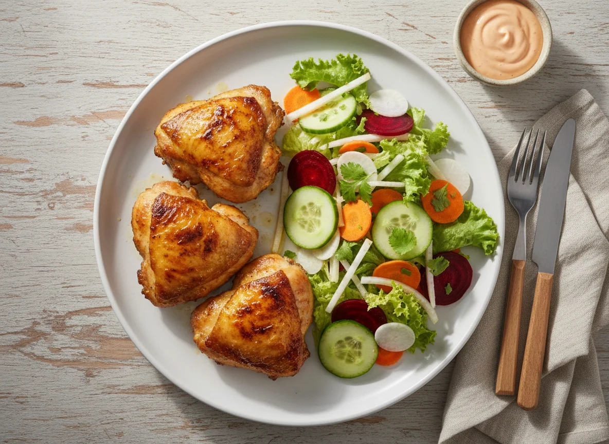 Muslos de pollo asado con ensalada photo