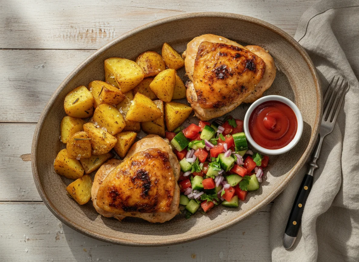 Muslos de pollo asados con papas y pico de gallo photo