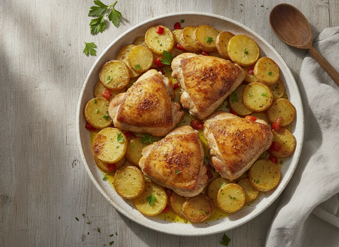 Muslos de pollo asados con patatas panadera photo