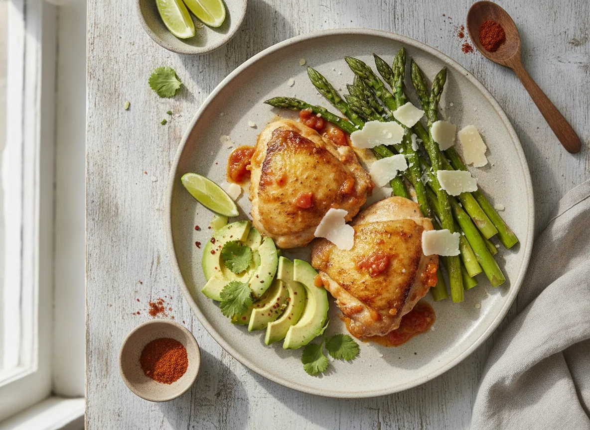 Muslos de pollo con espárragos y aguacate photo