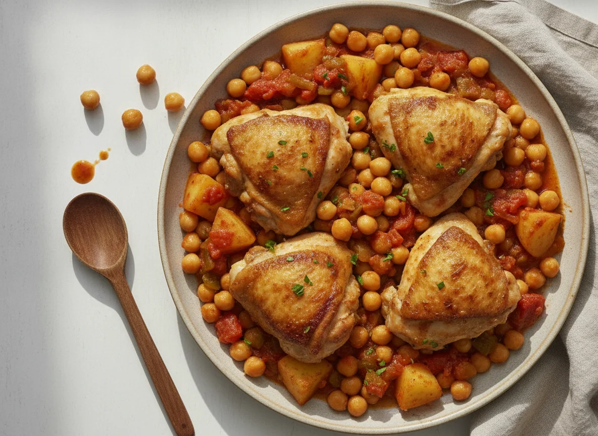 Muslos de pollo con garbanzos y patatas photo