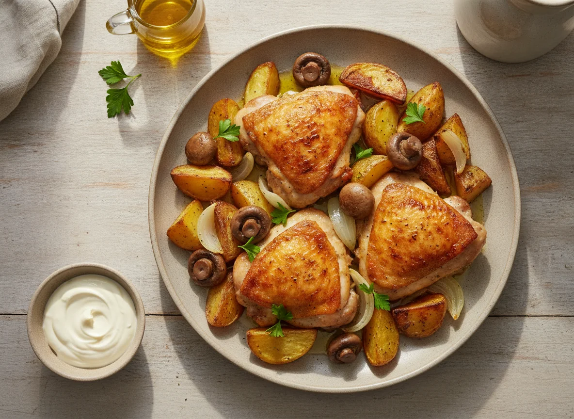Muslos de pollo con patatas y champiñones photo
