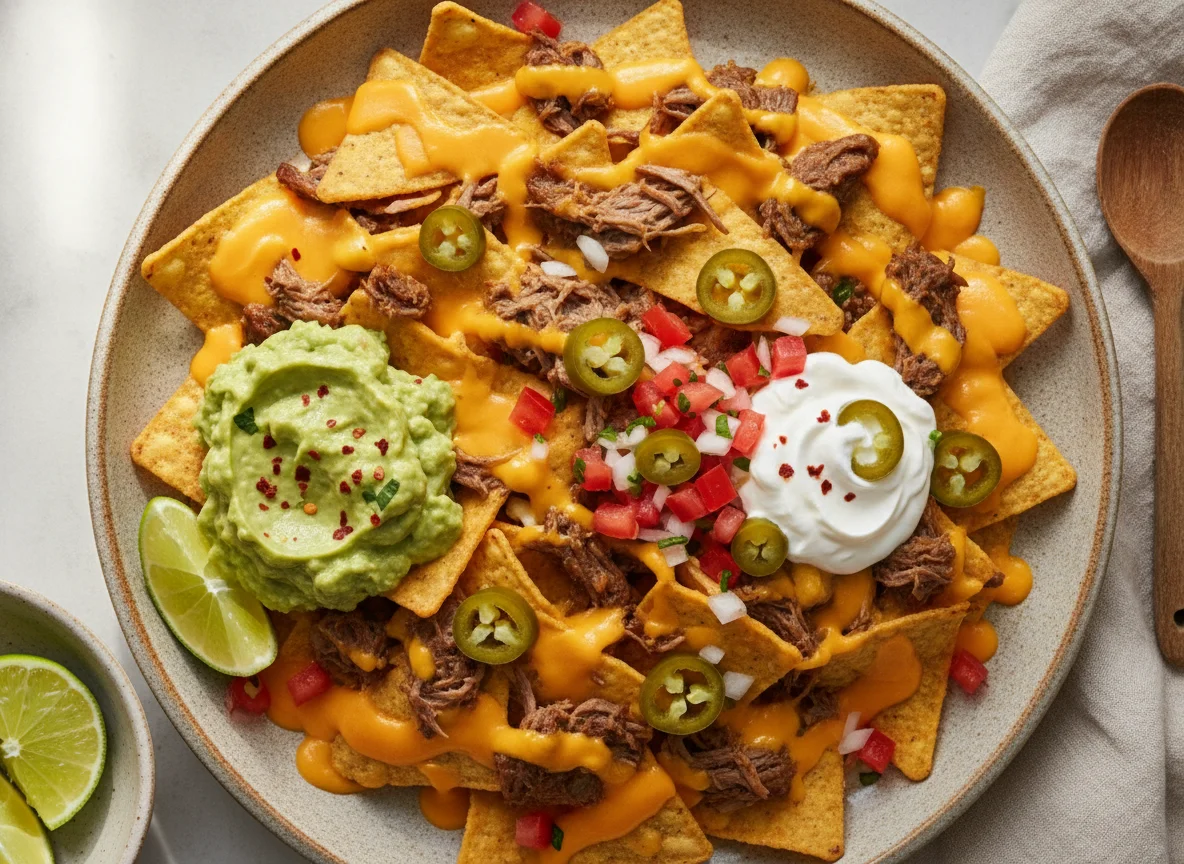 Nachos con carne desmechada y guacamole photo