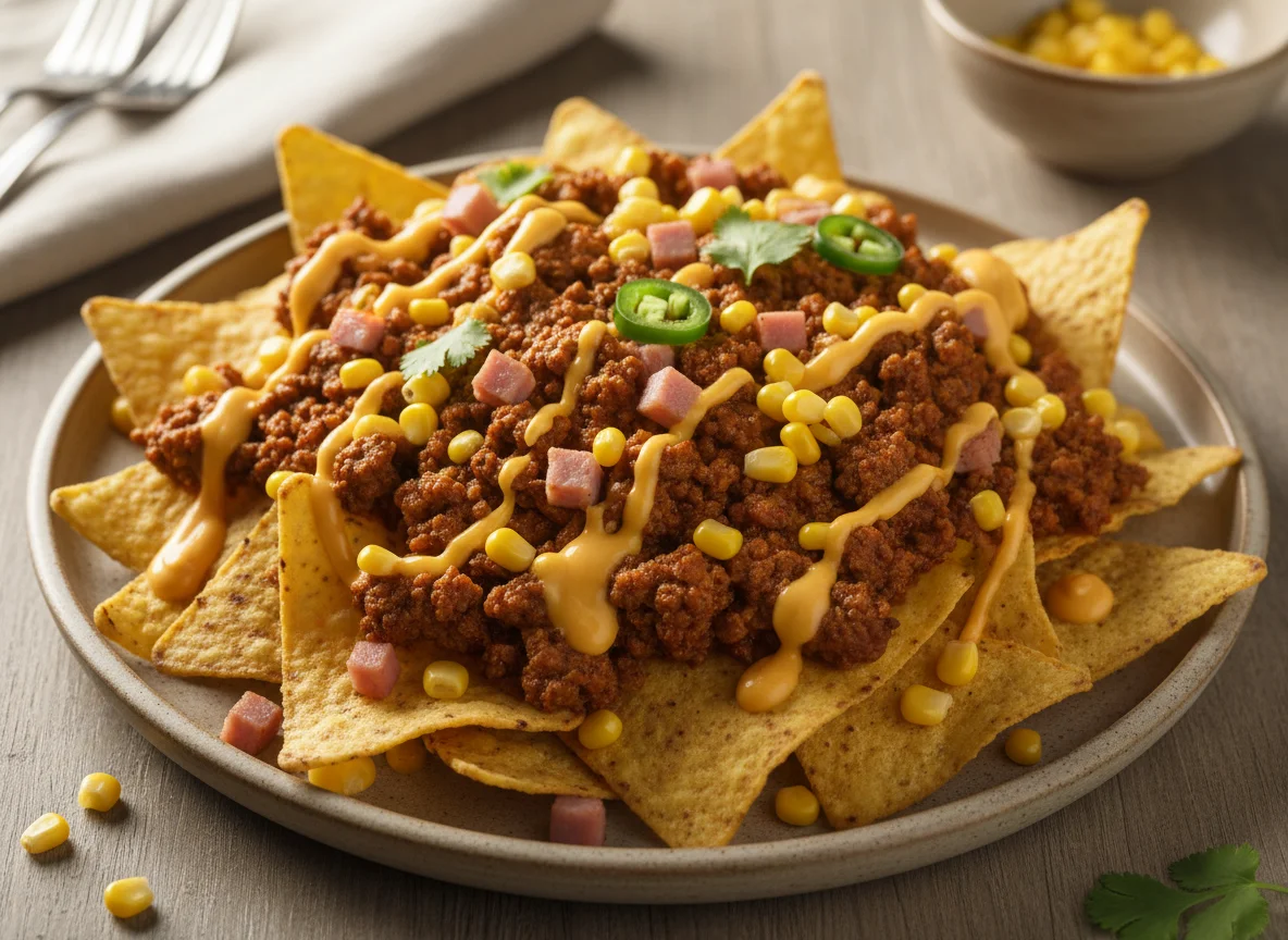 Nachos con carne molida, jamón y salsa de queso photo