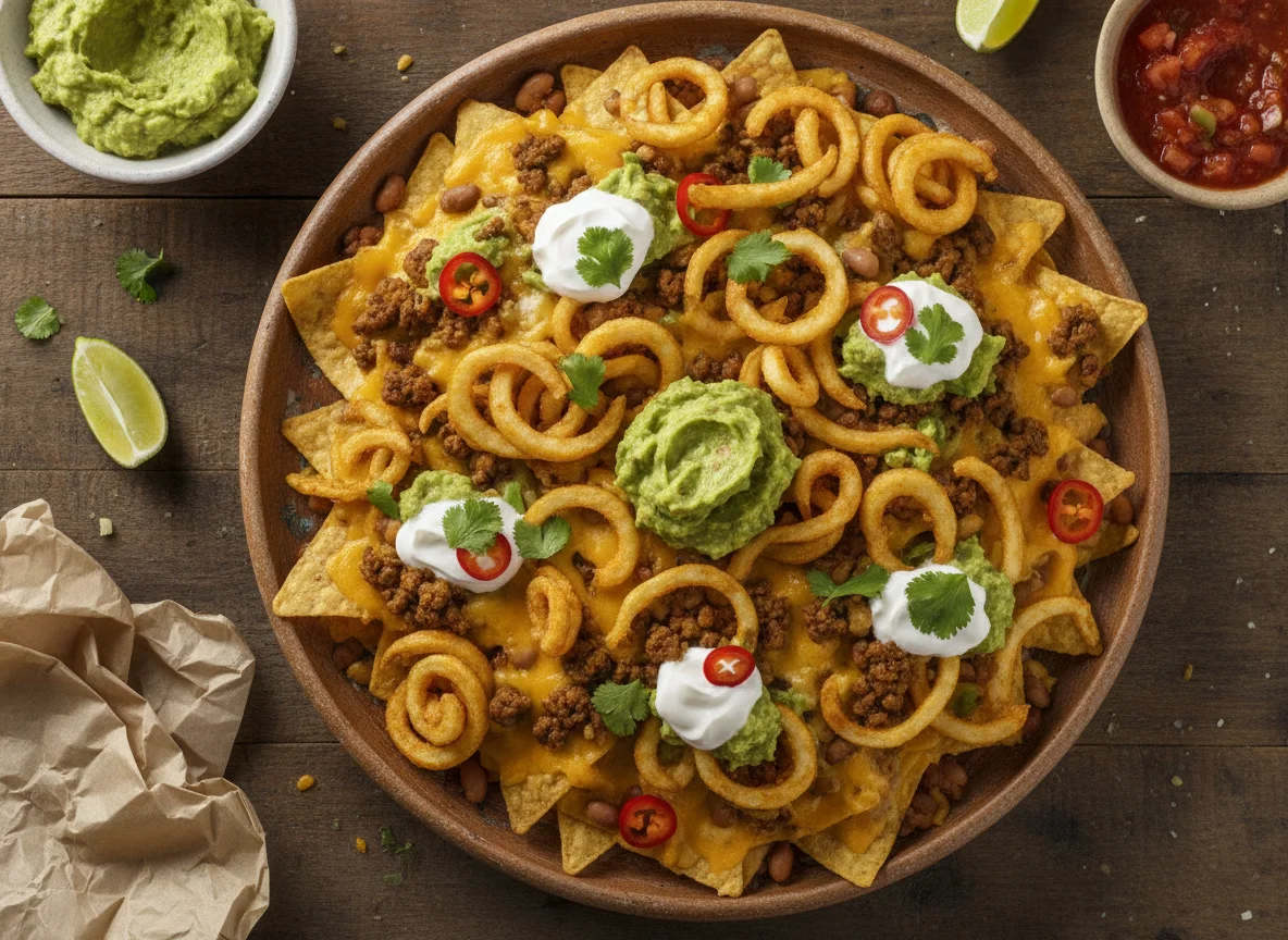 Nachos con guacamole y papas fritas photo