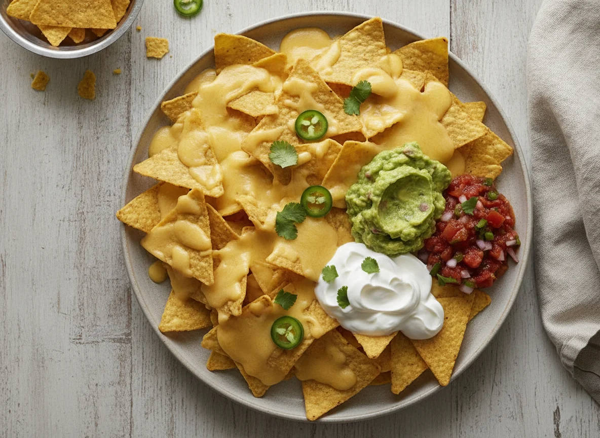 Nachos con queso, guacamole, crema agria y salsa roja photo