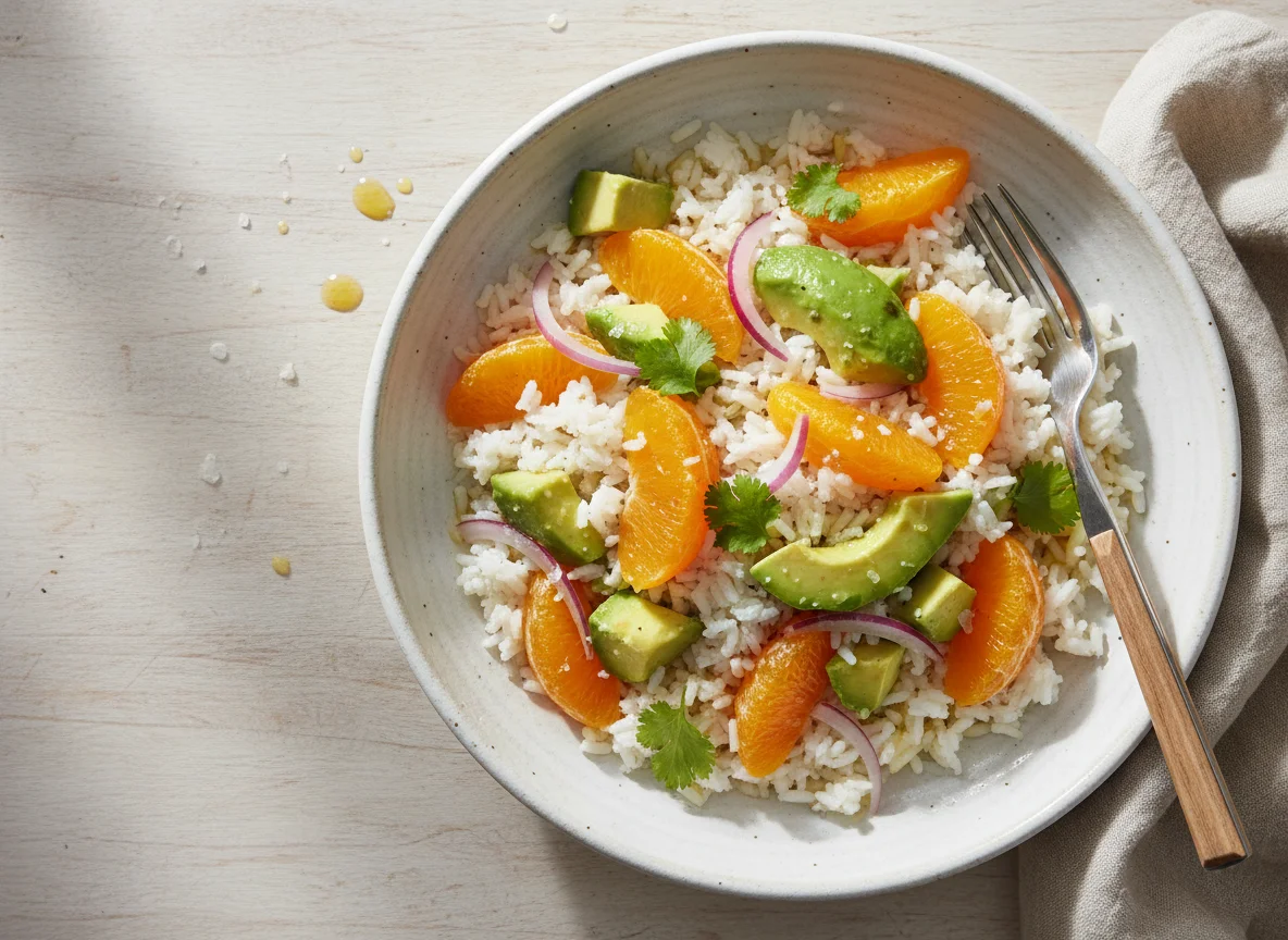 Naranja con arroz y aguacate photo