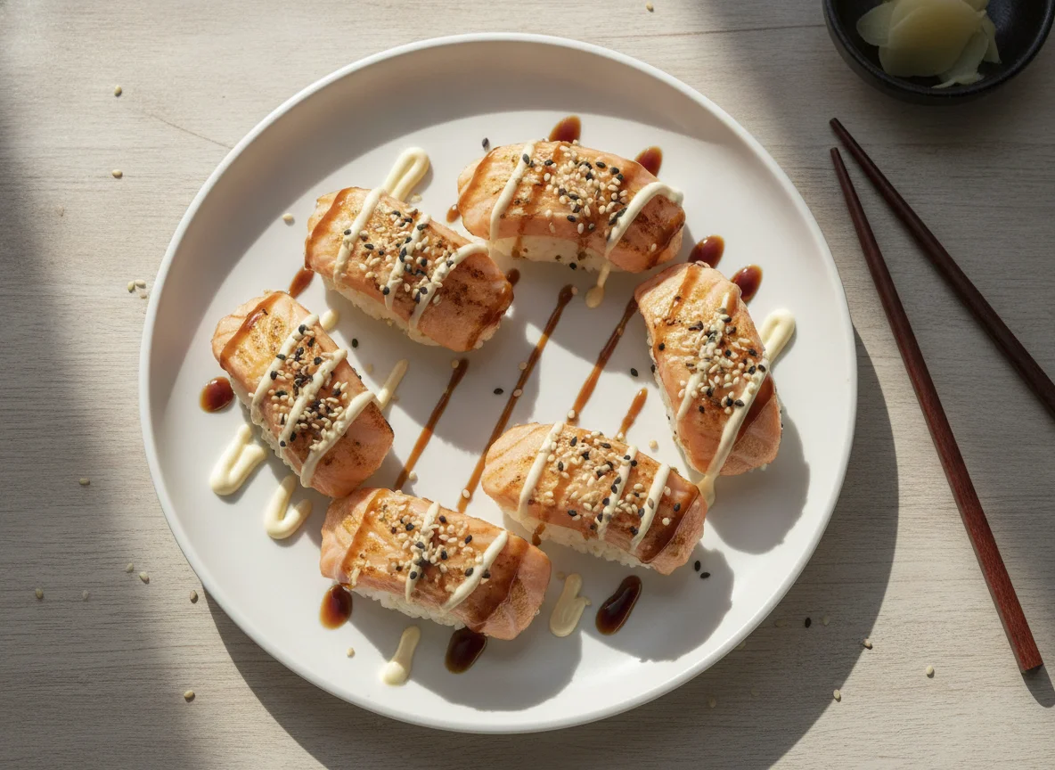 Nigiri de salmón flambeado con salsa teriyaki y mayonesa photo