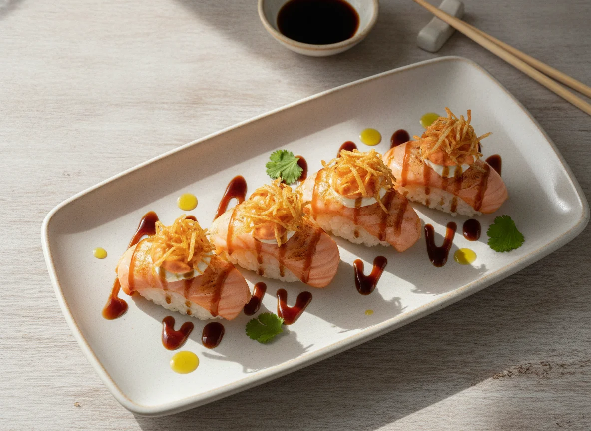 Nigiri de salmón flambeado con salsas photo