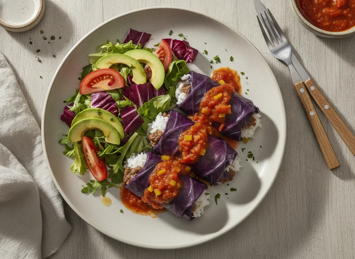 Niños envueltos en repollo morado con ensalada mixta photo