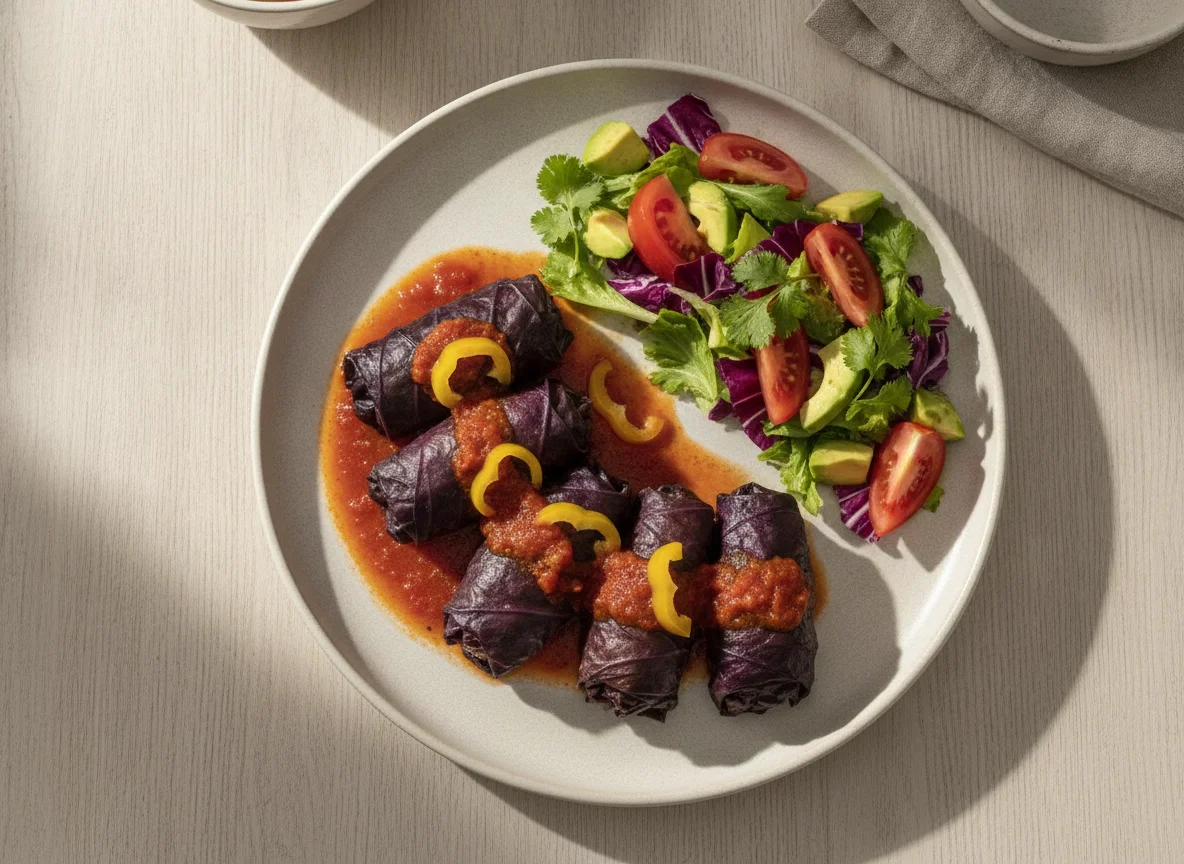Niños envueltos en repollo morado con ensalada photo