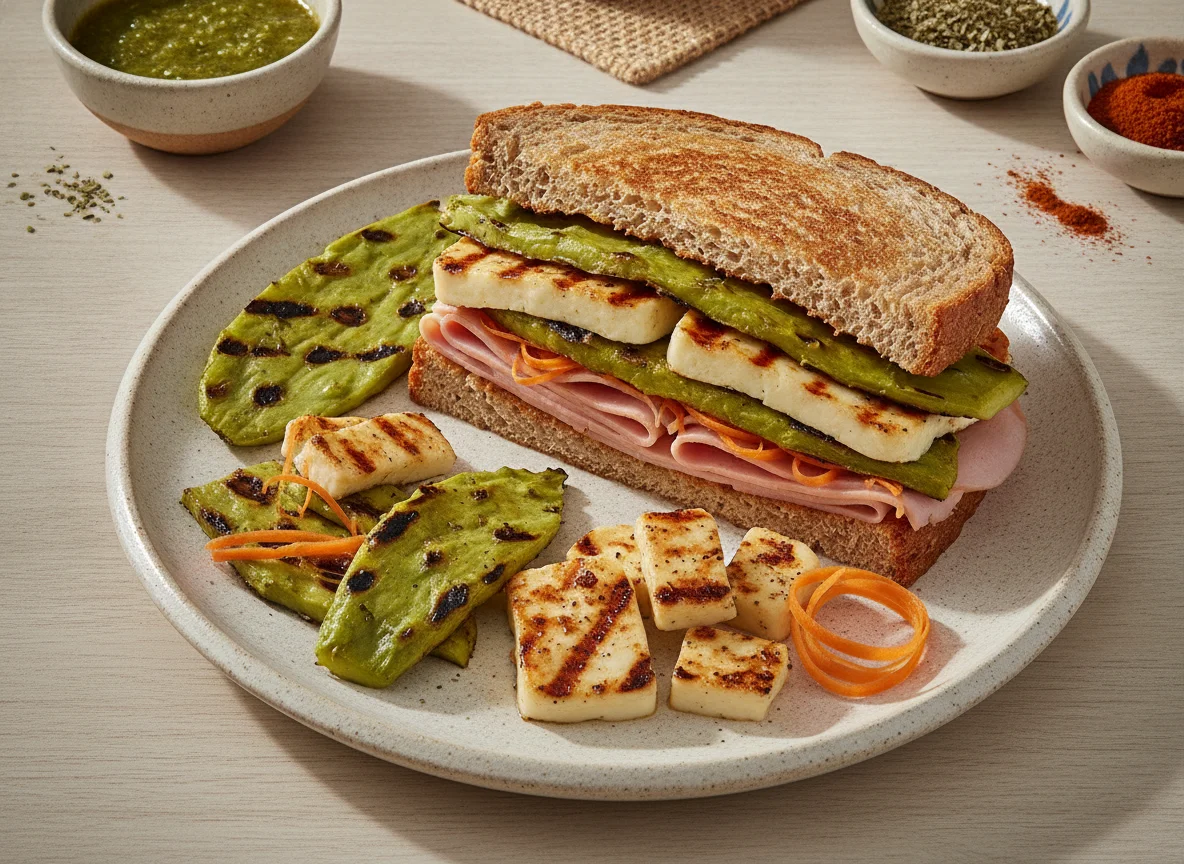 Nopal asado con queso y sándwich de jamón photo