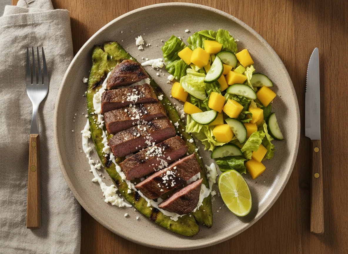 Nopal con bistec y ensalada de mango photo