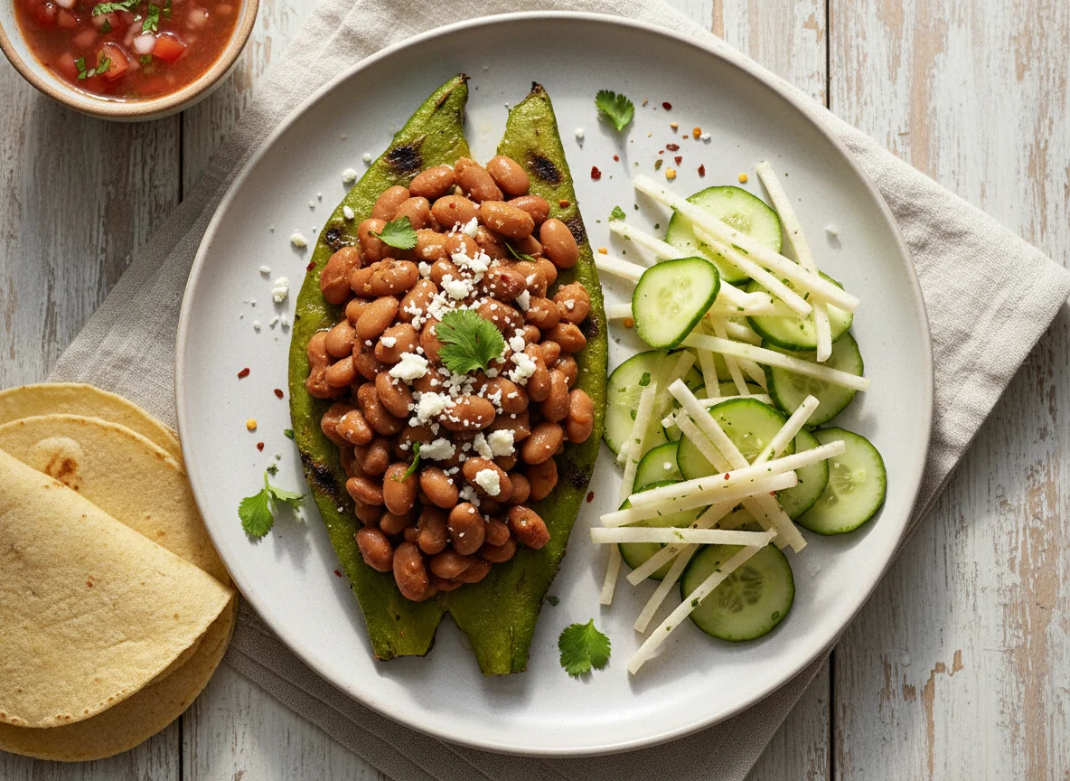 Nopal relleno con frijoles y ensalada de jícama y pepino photo