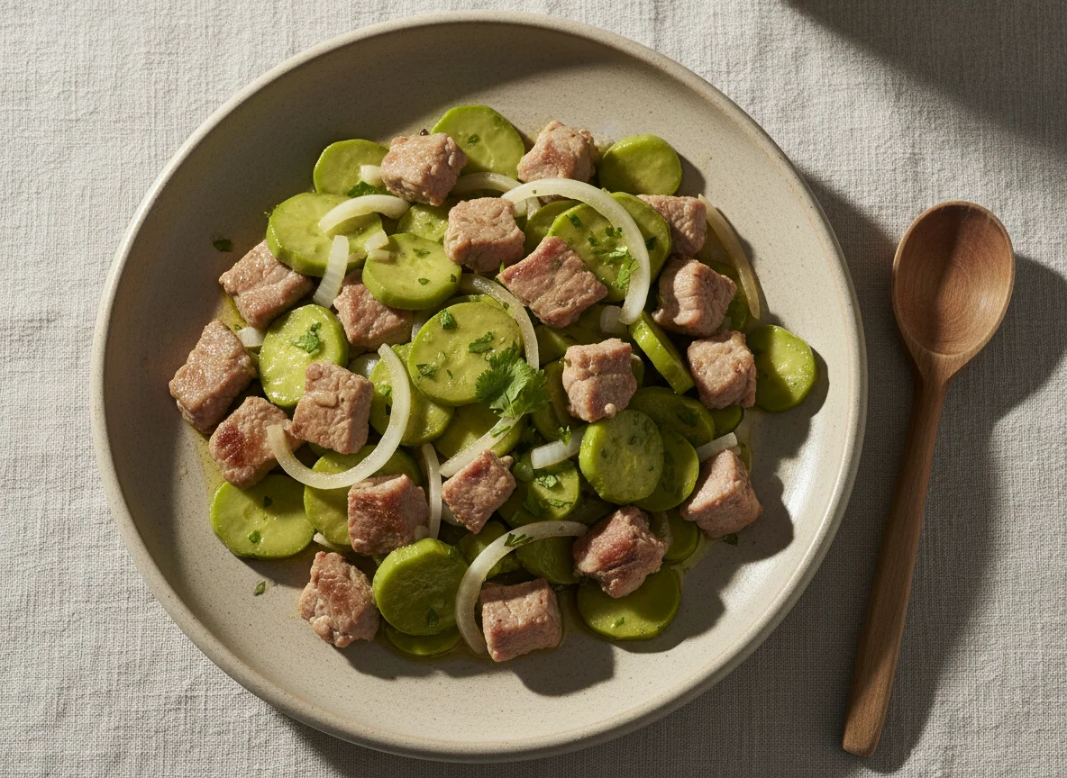 Nopales con carne de cerdo y cebolla photo