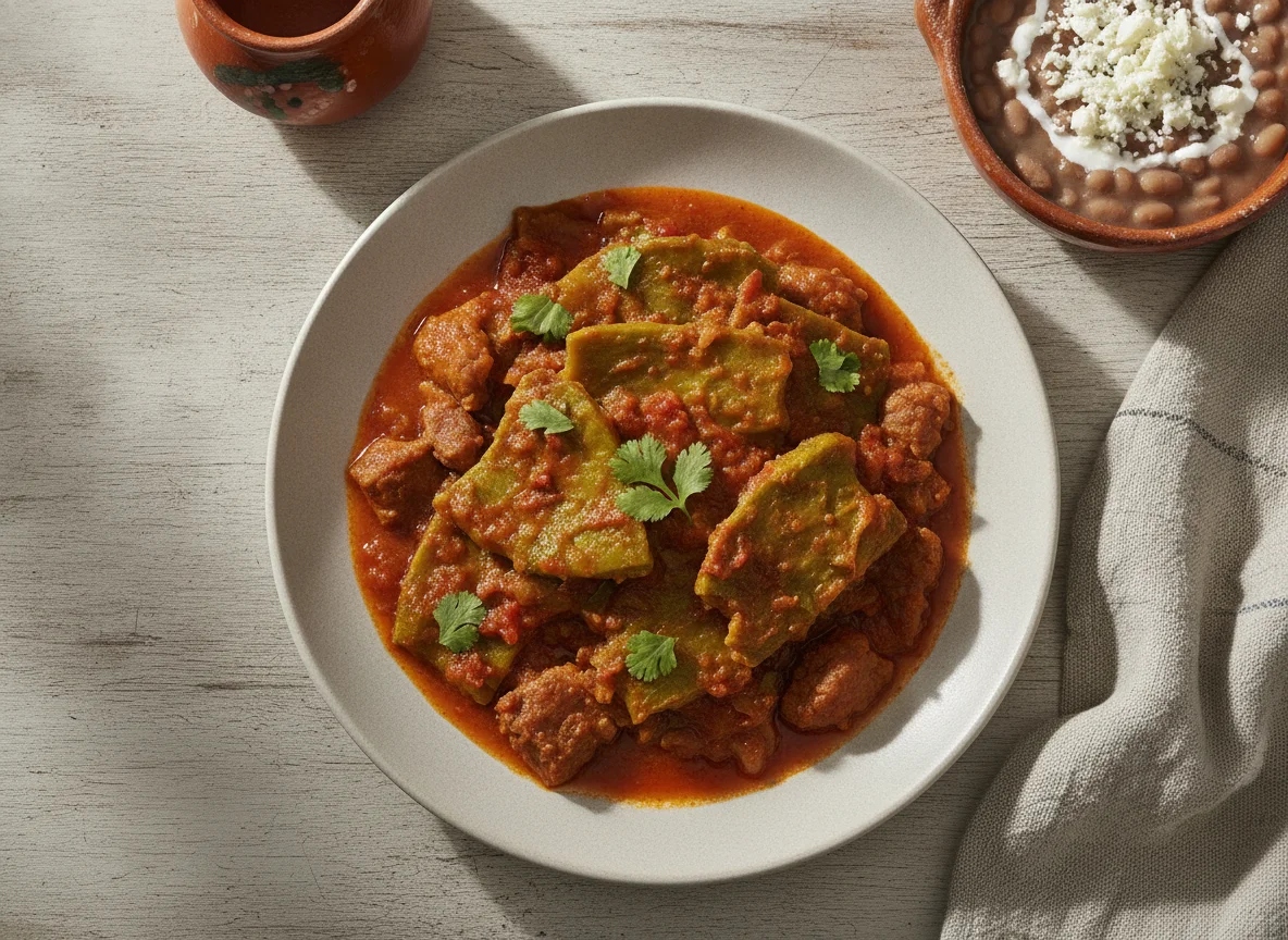 Nopales con carne en salsa roja y frijoles con queso photo