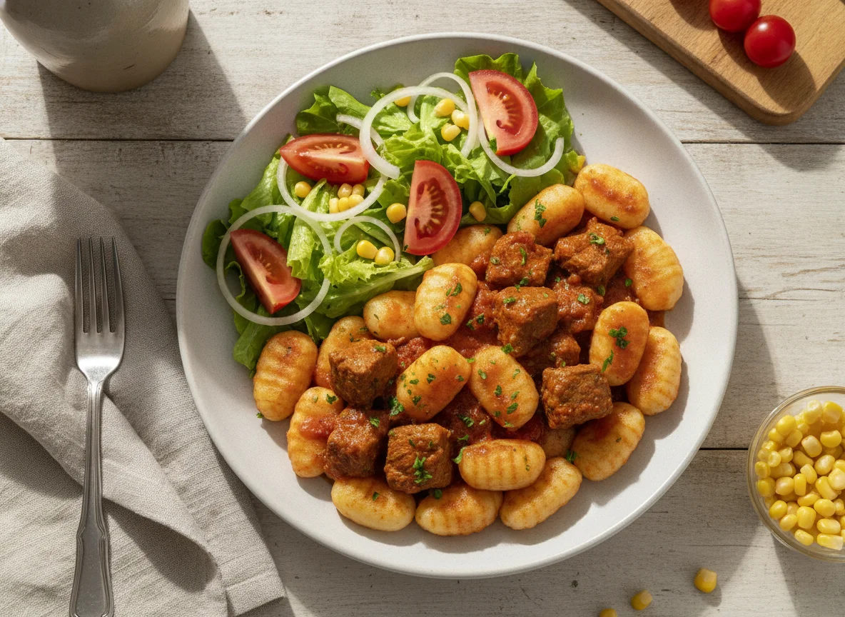 Ñoquis con carne y ensalada photo