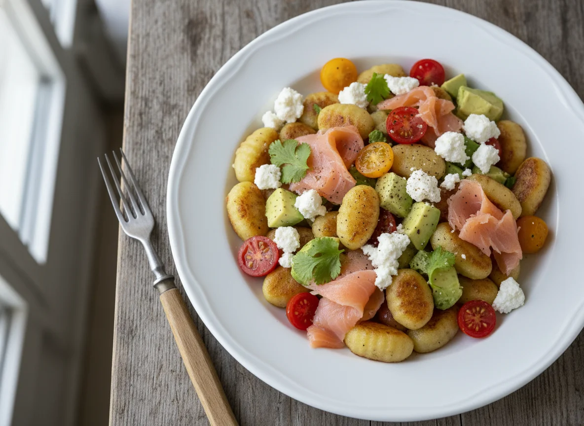 Ñoquis con salmón ahumado, queso fresco, aguacate y tomates Cherry photo