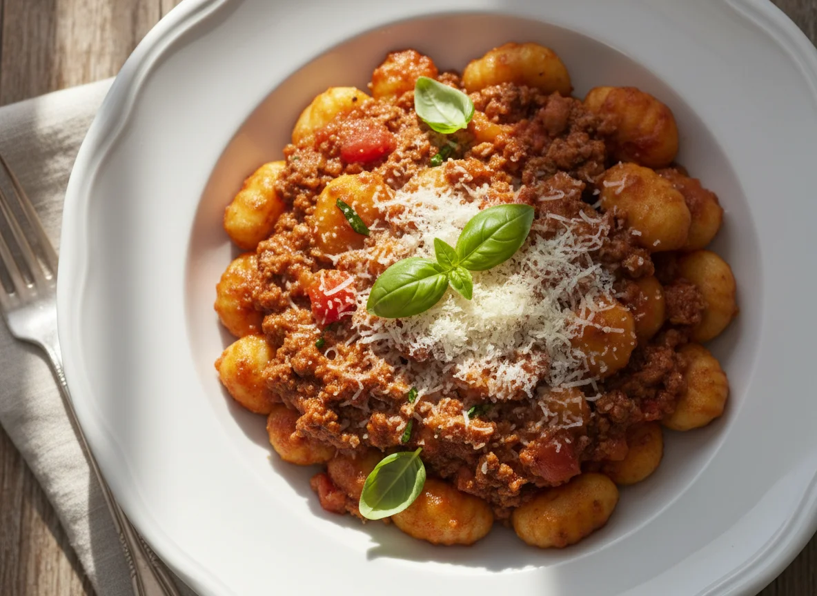 Ñoquis con salsa boloñesa y queso rallado photo