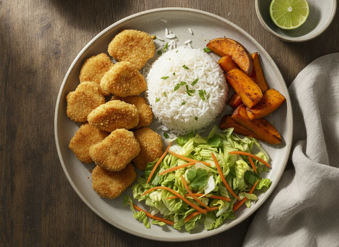 Nuggets de pollo con arroz, camote y ensalada photo