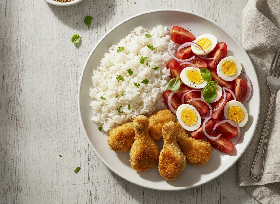 Nuggets de pollo con arroz y ensalada de tomate y huevo photo