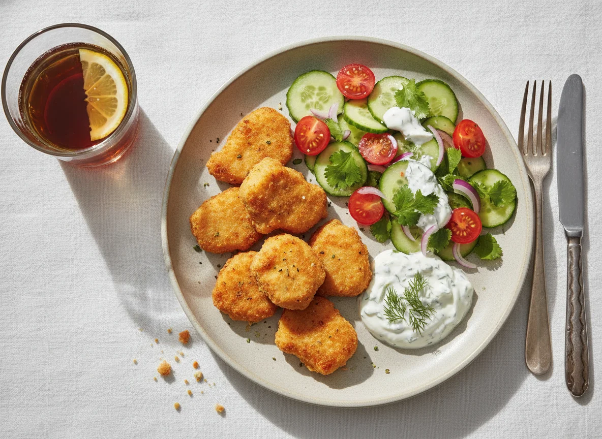 Nuggets de pollo con ensalada de pepino y tomate photo