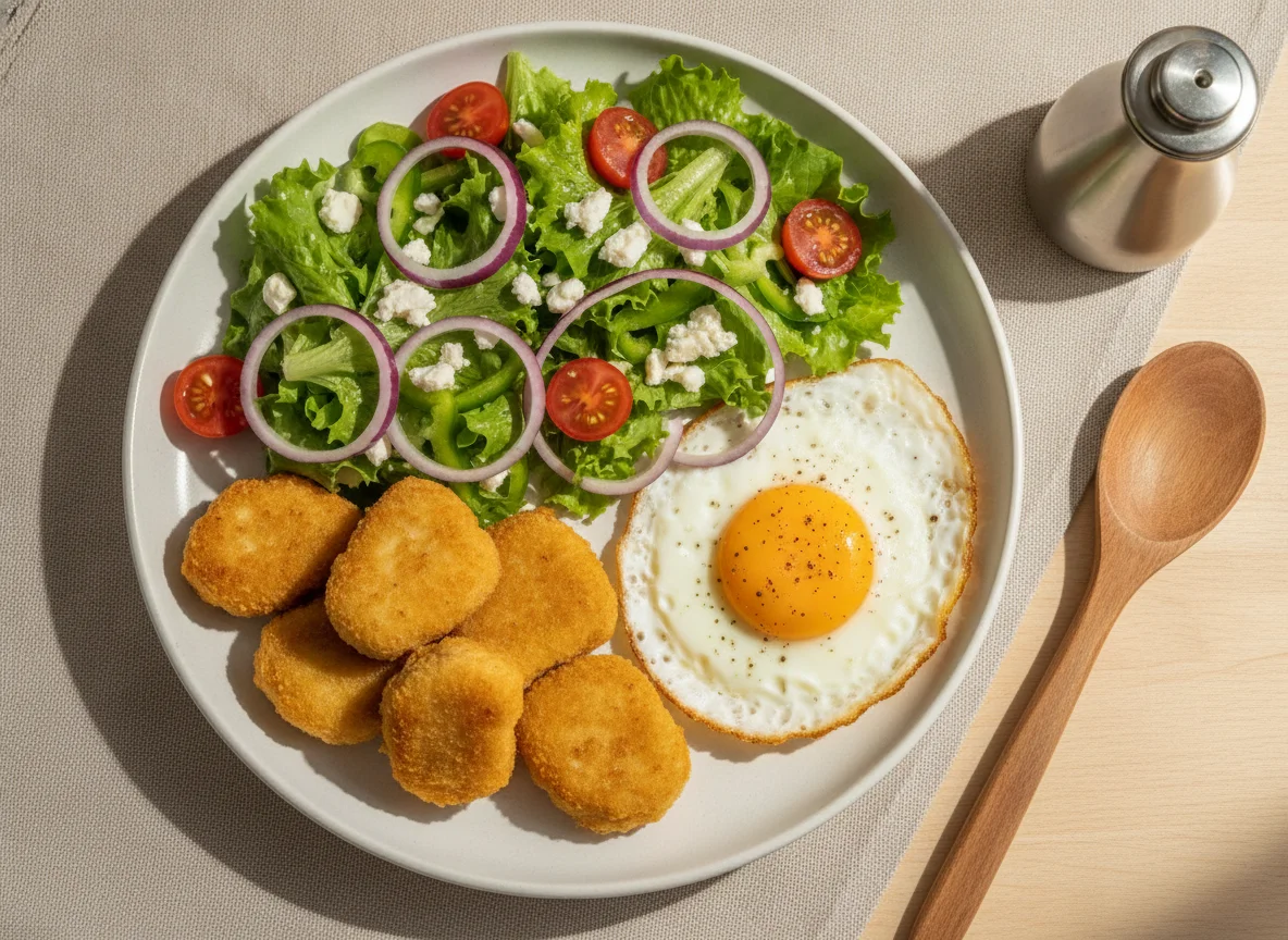 Nuggets de pollo con ensalada mixta y huevo frito photo