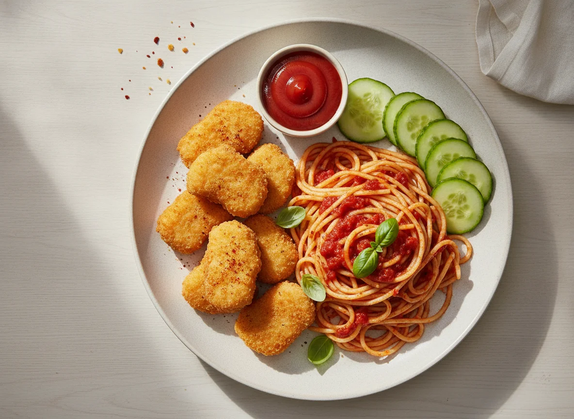 Nuggets de pollo con espagueti y pepino photo