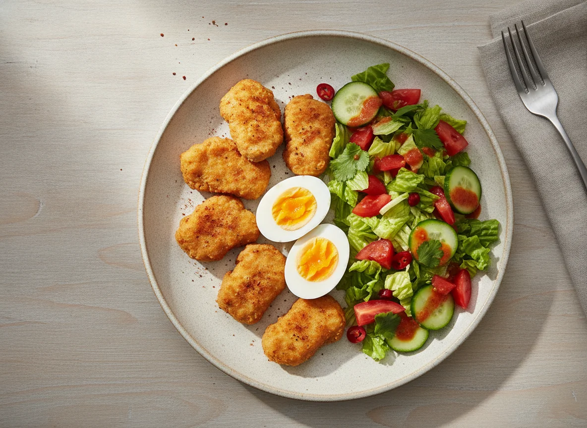 Nuggets de pollo con huevo cocido y ensalada photo