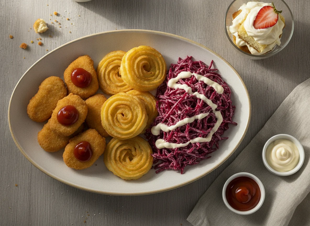 Nuggets de pollo con papas duquesas, ensalada de betarraga y postre photo