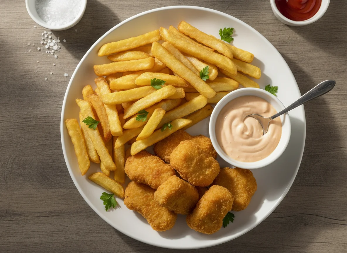 Nuggets de pollo con papas fritas y salsa golf photo