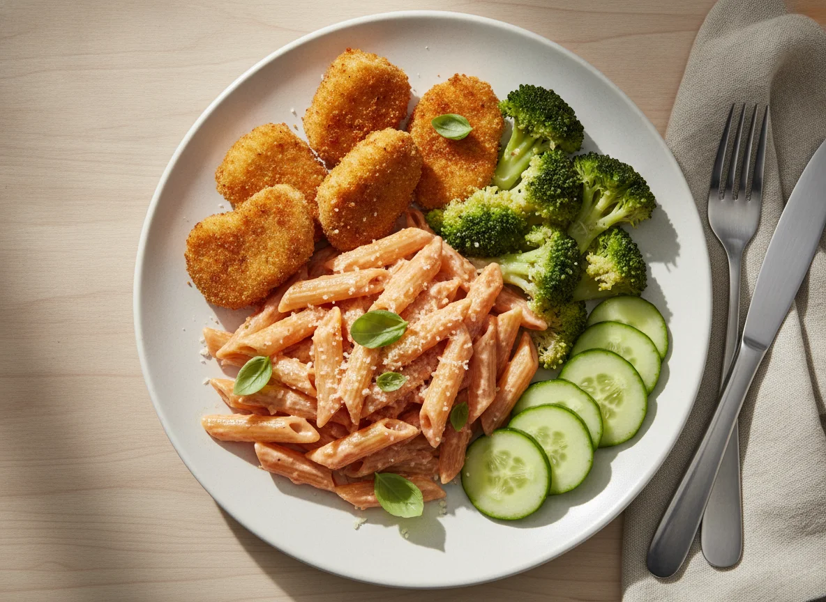 Nuggets de pollo con pasta, brócoli y pepino photo