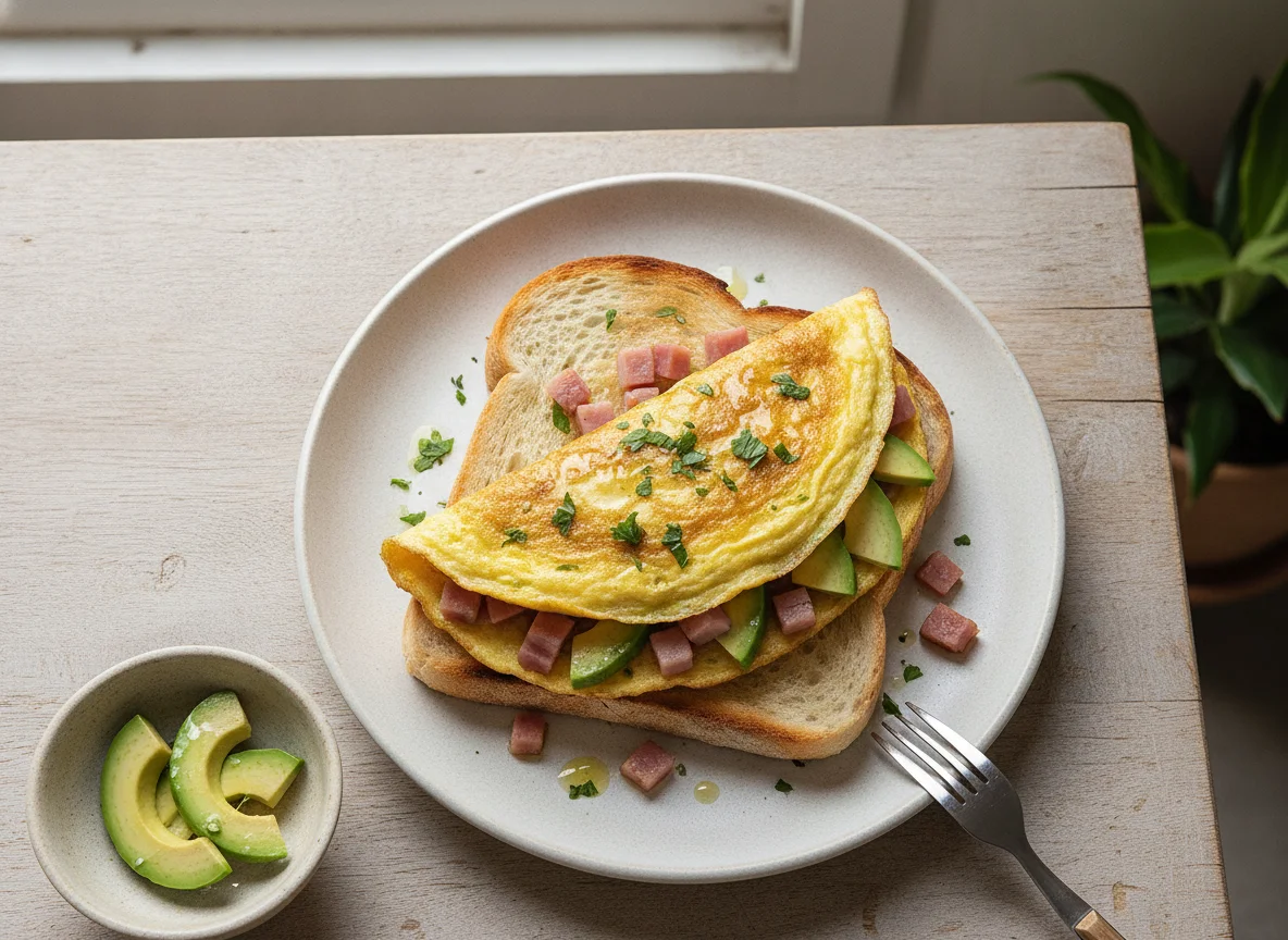 Omelet con aguacate sobre pan tostado photo