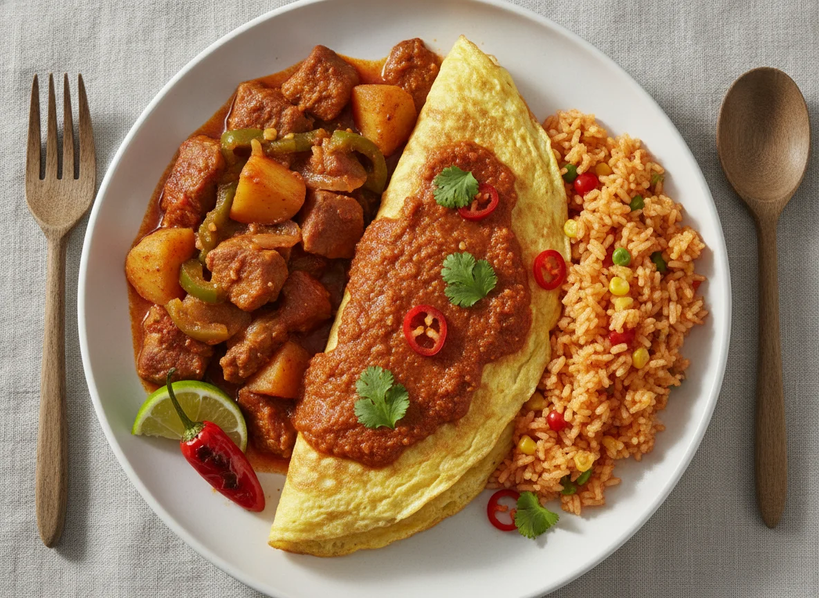Omelet con salsa roja, guisado de cerdo con papas y arroz rojo photo
