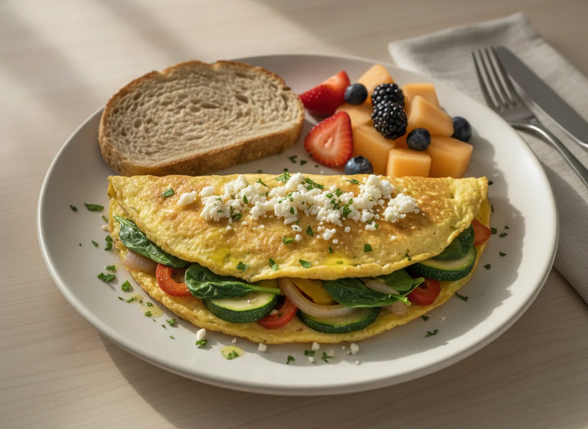 Omelet con vegetales, queso, pan integral y fruta photo