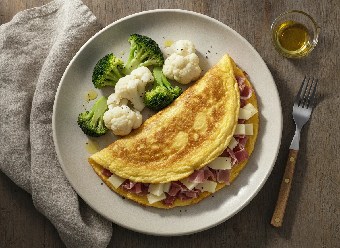 Omelet de jamón y queso con brócoli y coliflor photo