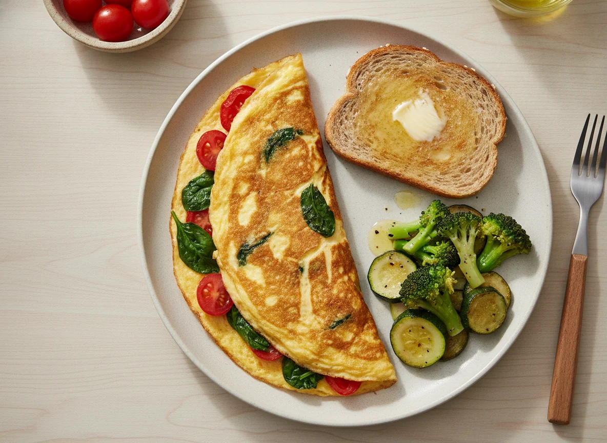 Omelet de vegetales con pan tostado y verduras salteadas photo