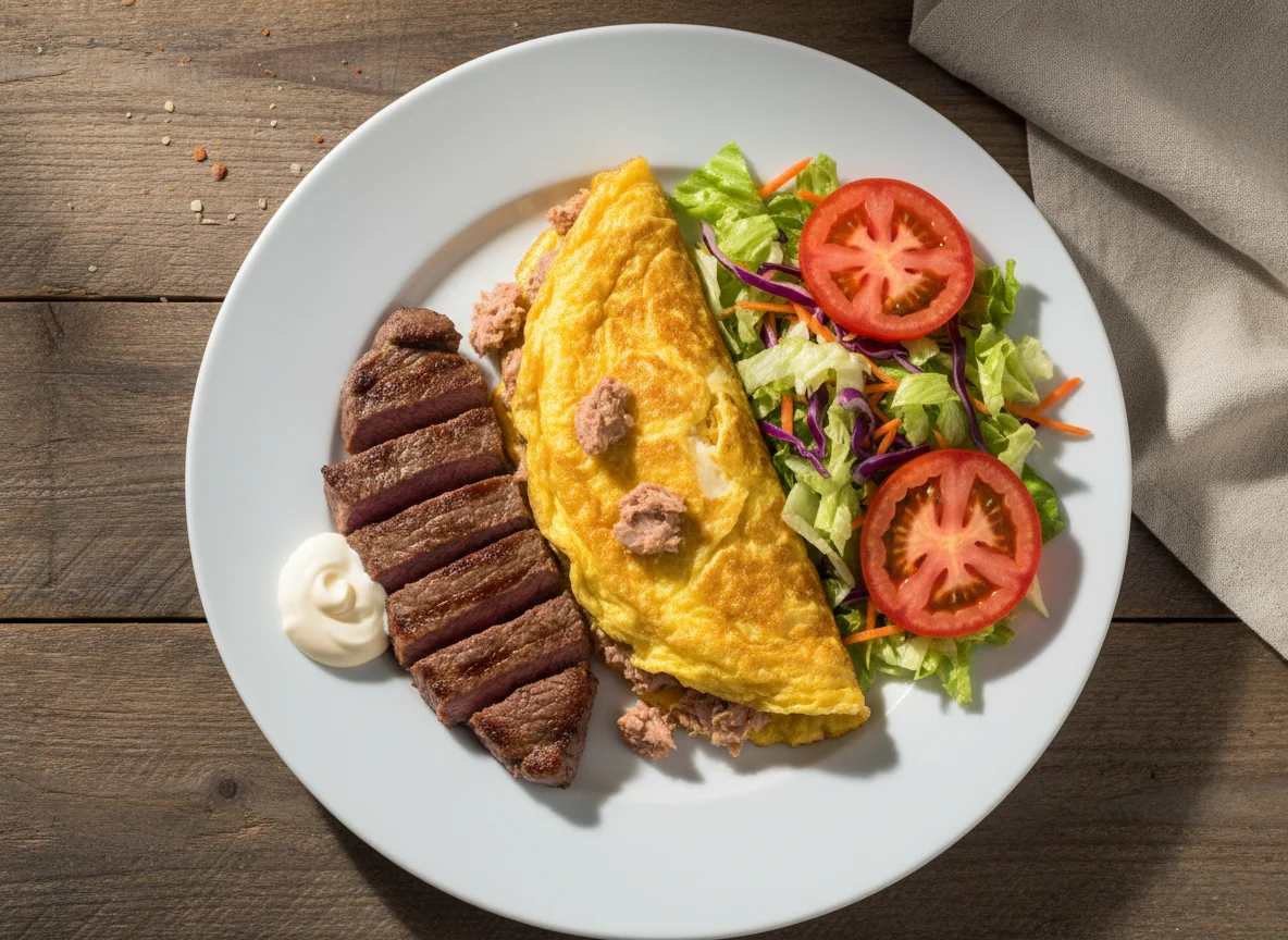 Omelette, bife y ensalada photo