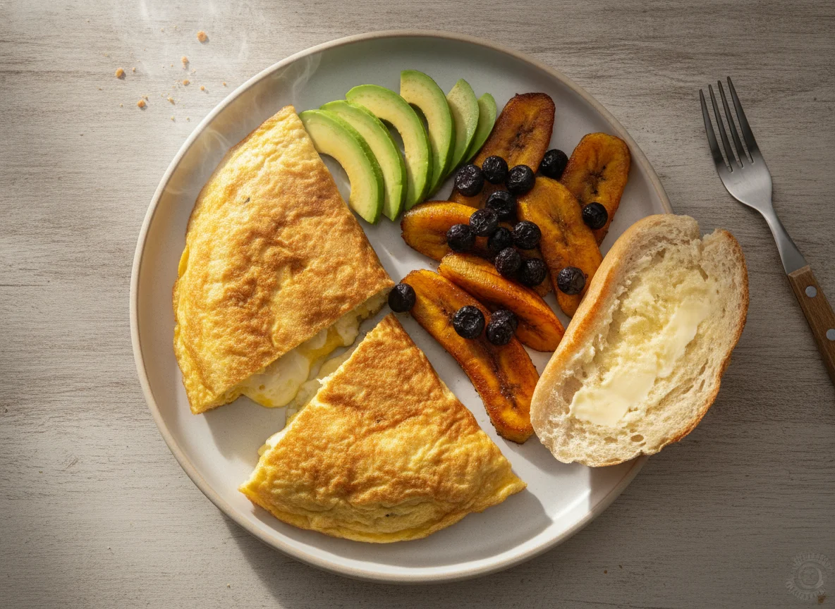 Omelette con aguacate, plátano y pan photo