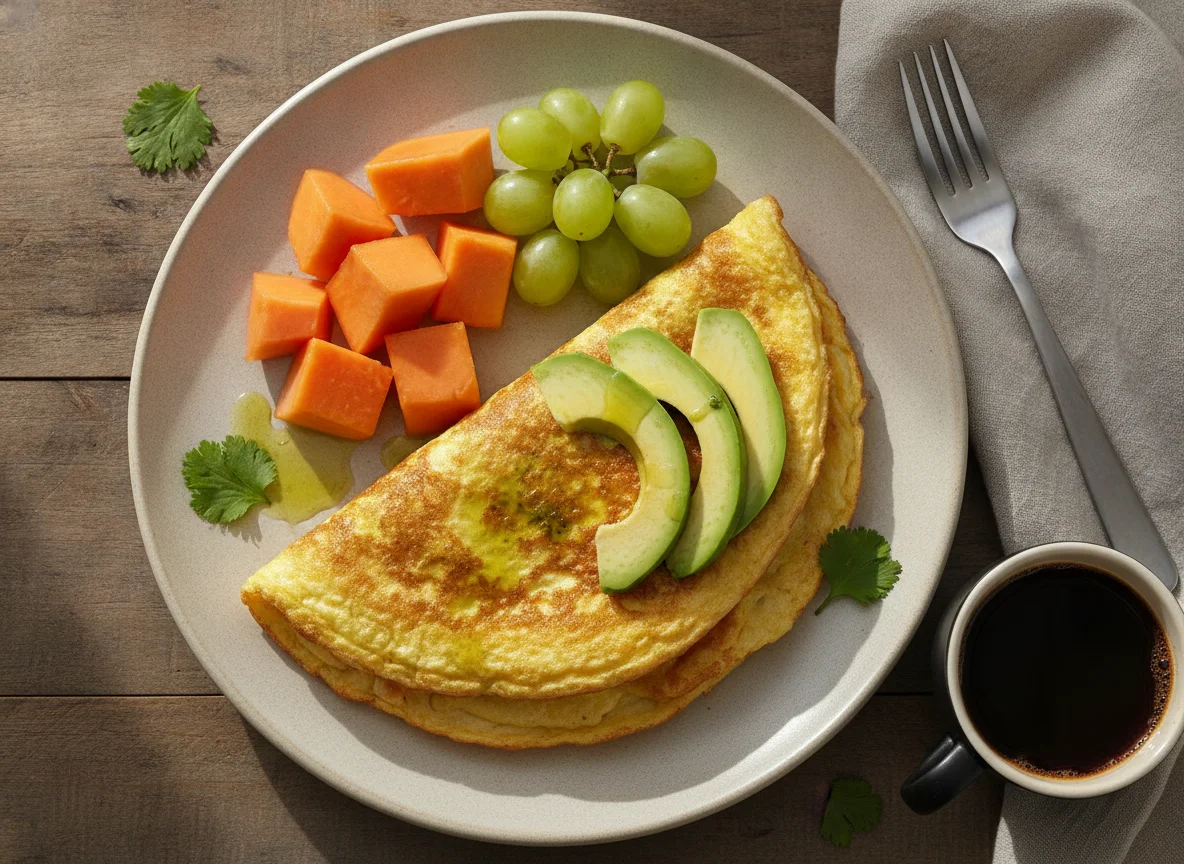 Omelette con aguacate y fruta photo