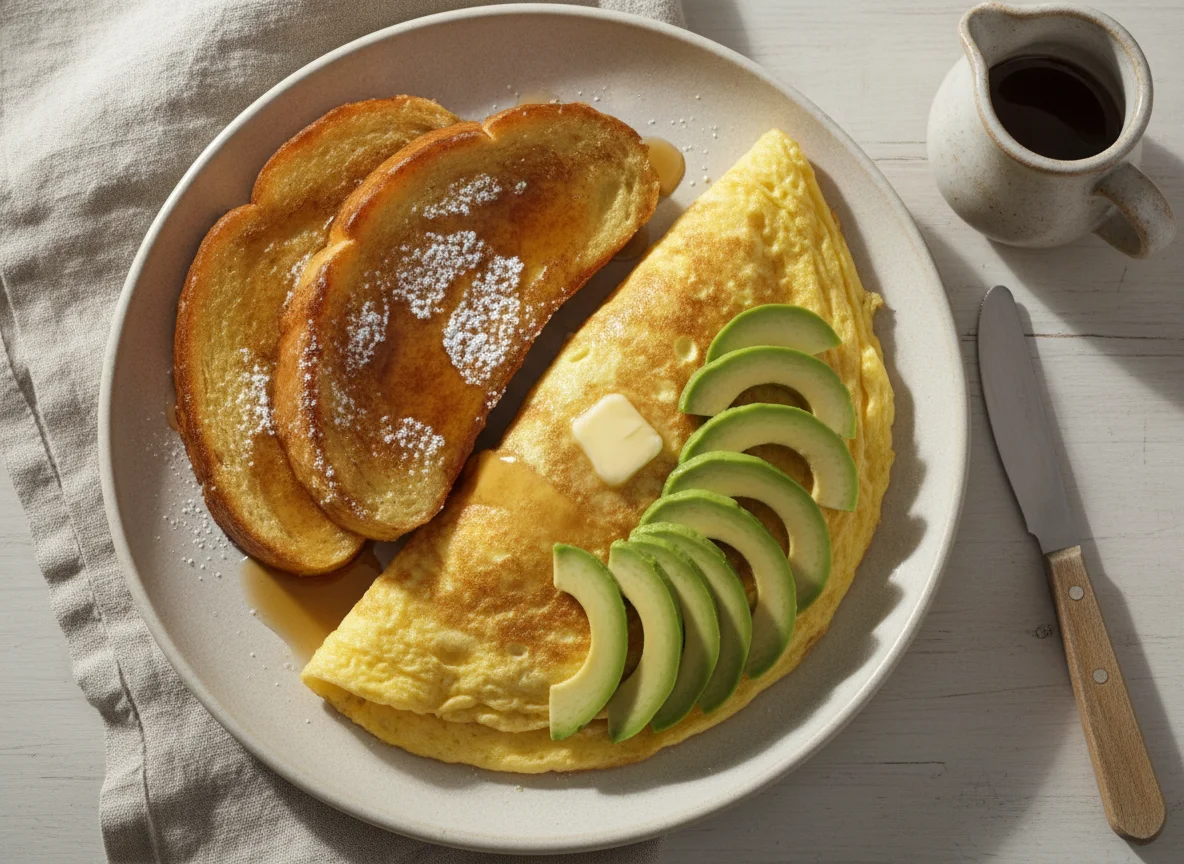 Omelette con aguacate y pan francés photo