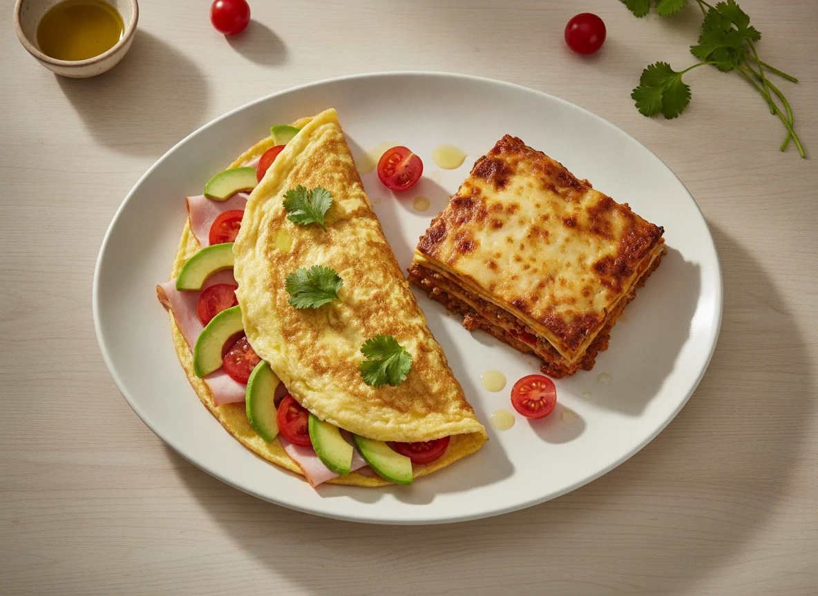 Omelette con aguacate y tomate acompañado de lasaña photo