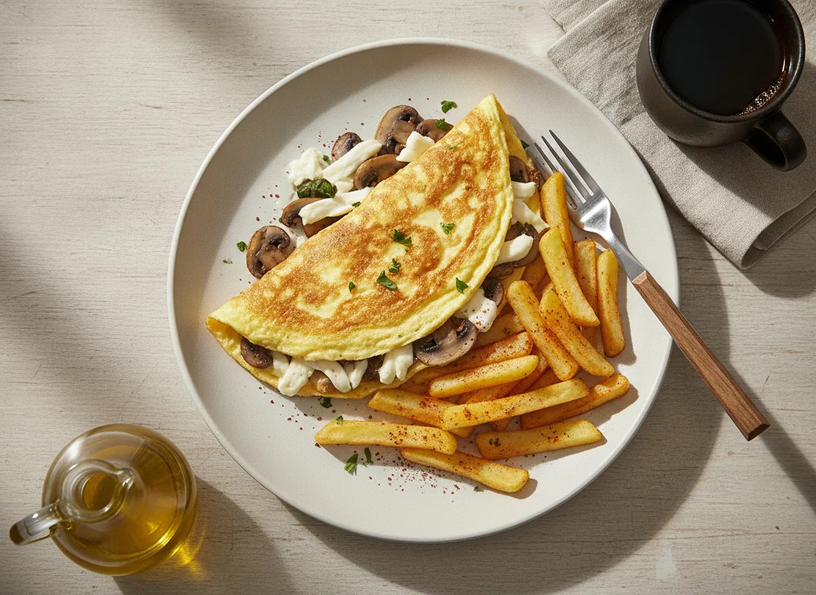Omelette con champiñones y papas fritas photo
