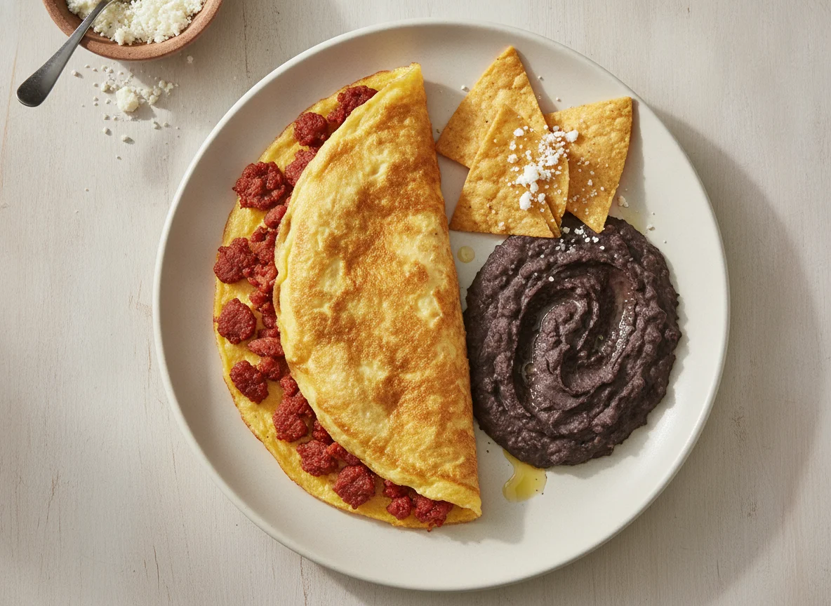 Omelette con chorizo y frijoles refritos photo