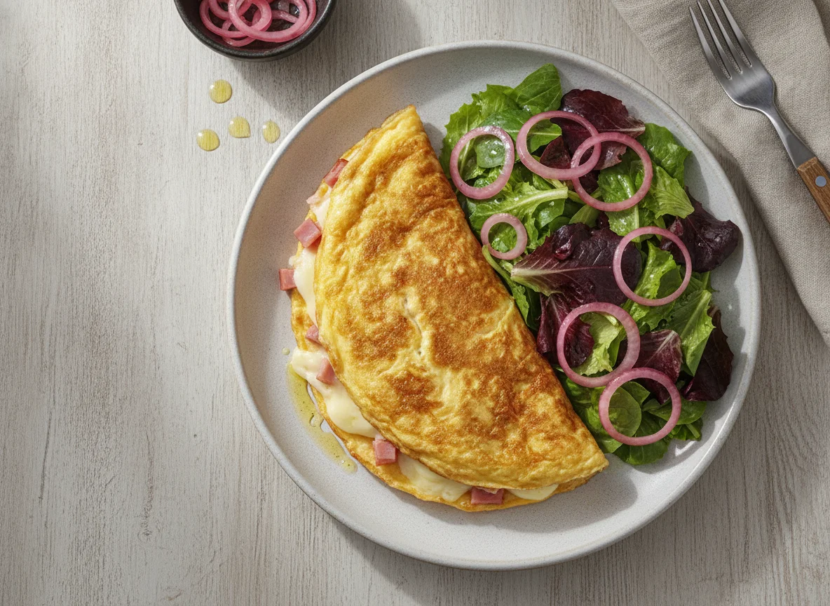 Omelette con ensalada de hojas verdes y cebolla encurtida photo