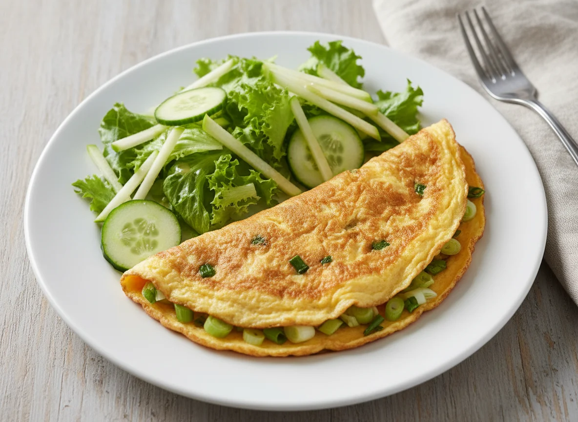 Omelette con ensalada de lechuga, pepino y manzana photo