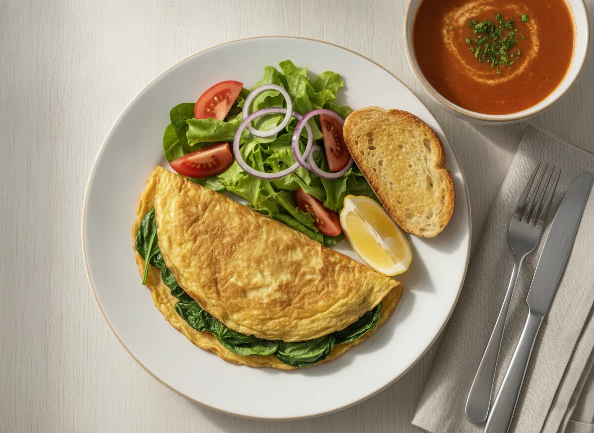 Omelette con ensalada y sopa photo